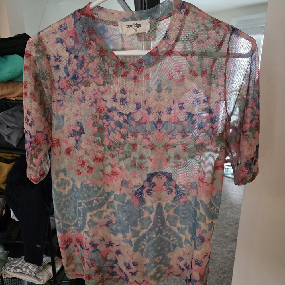 Anthropologie Porridge Floral Mesh Short Sleeve Top - Pink and Blue